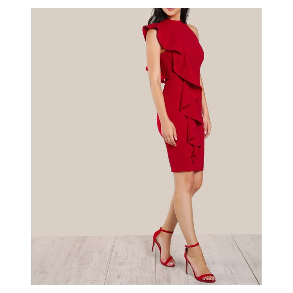 Deep Red Sleeveless Ruffle Bodycon Dress - Picture 4 of 5